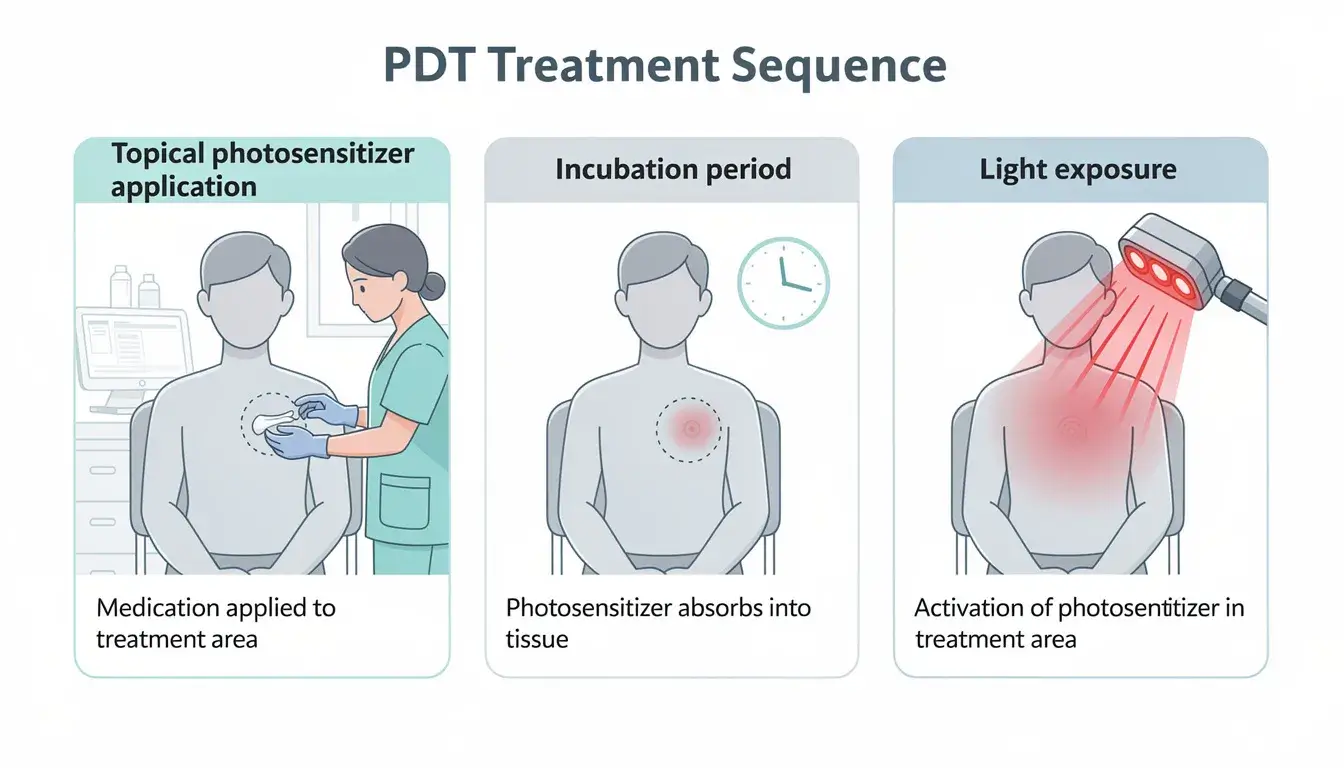 The diagram illustrates the process of photodynamic therapy (PDT) treatment, showing a patient receiving a topical application of a photosensitizing agent followed by exposure to a specific wavelength of light on the treatment area to target and kill cancer cells, particularly for skin conditions like actinic keratosis and superficial basal cell carcinoma. This outpatient procedure aims to treat abnormal skin lesions while minimizing damage to healthy tissue.